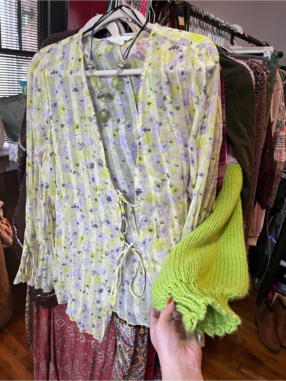 Like new! H&M Yellow/Green/Lavender Floral Tie-Front Blouse - Picture 14 of 16